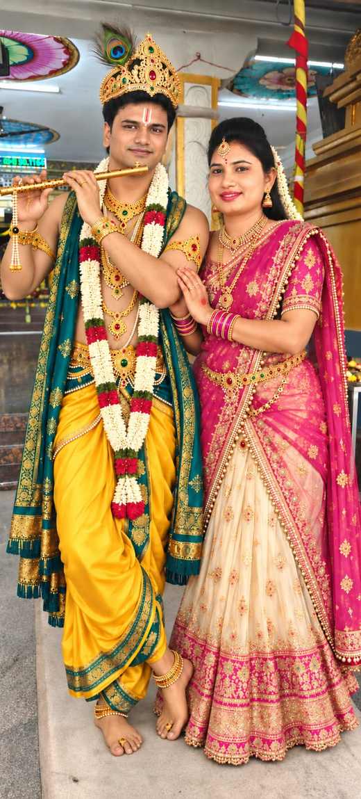 In costume, at the temple